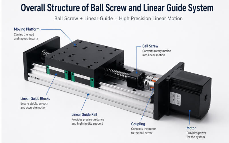 Overall structure of ball screw and linear guide system for precision linear motion Overall structure of ball screw and linear guide system for precision linear motion