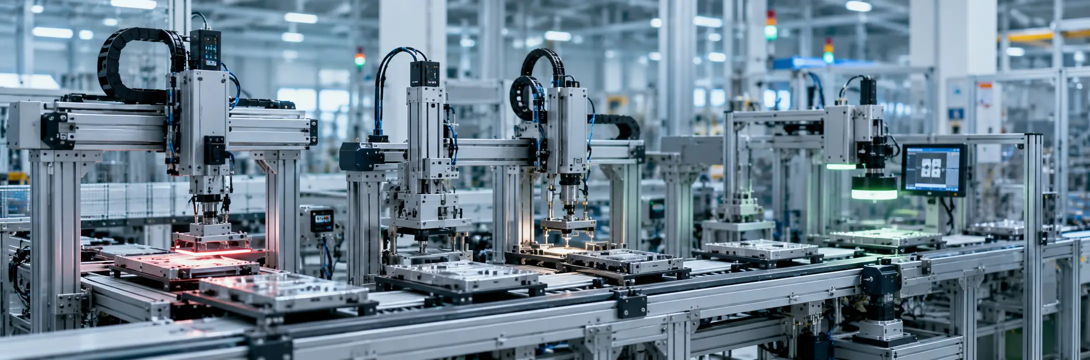 Automated manufacturing system with linear positioning and transfer axes Automated manufacturing system with linear positioning and transfer axes